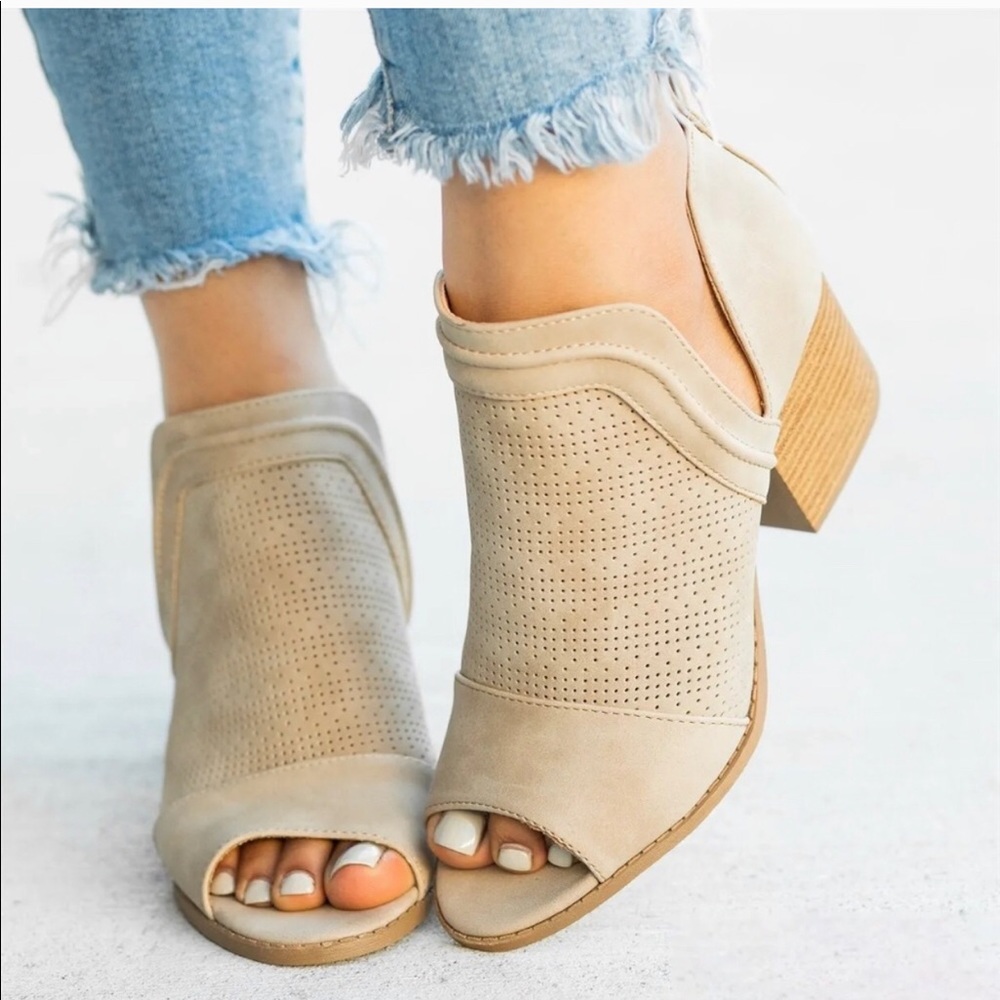 Perforated cut out booties in Taupe